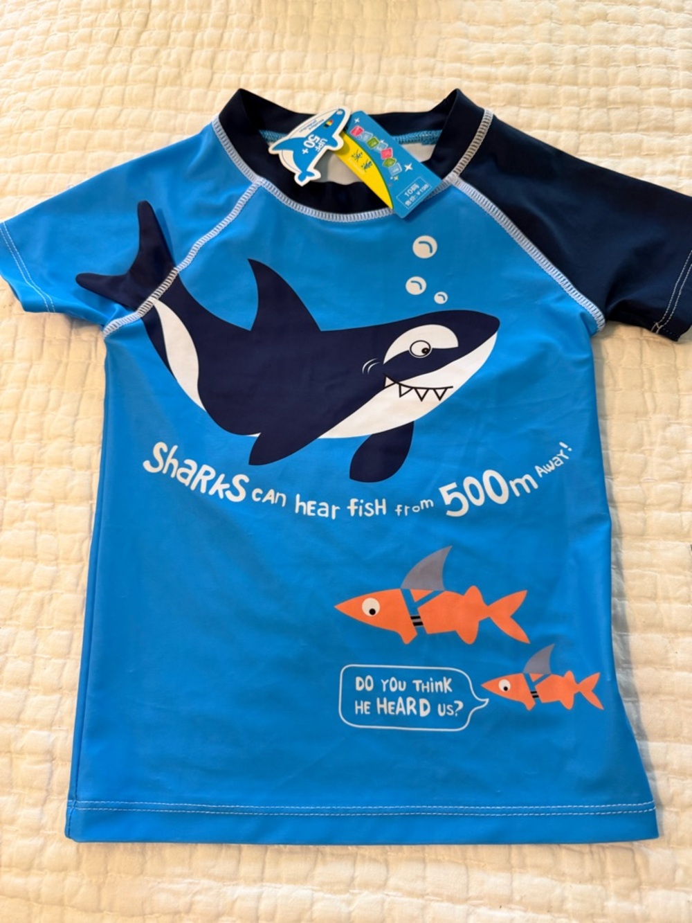 NWT - Kids Blue Shark Rash Guard Swim Shirt - (NO size on shirt - but comparable